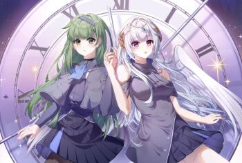 2girls ayamekiki bare_shoulders black_hairband braid breasts brown_pantyhose capelet clock_face commentary_request feather_hair_ornament feathers green_eyes green_hair hair_ornament hairband hairclip halterneck head_wreath highres holding_hands laurel_crown long_hair looking_at_viewer medium_breasts multiple_girls open_mouth original pantyhose parallel_hairclips pink_eyes pleated_skirt side_braid skirt thighhighs white_hair white_thighhighs white_wings wings