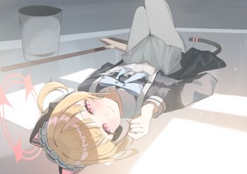 1girl absurdres animal_ear_headphones animal_ears apron black_dress blonde_hair blue_archive blue_bow blue_bowtie blunt_bangs blush bow bowtie bucket cat_ear_headphones cat_ears cat_tail clenched_hand closed_mouth dress dutch_angle fake_animal_ears fake_tail full_body halo hand_up headphones highres indoors ixia559 knees_up long_sleeves looking_at_viewer lying maid maid_headdress medium_hair momoi_(blue_archive) momoi_(maid)_(blue_archive) mop official_alternate_costume official_alternate_hairstyle on_back on_floor pantyhose pink_eyes pink_halo short_twintails smile solo tail twintails upside-down white_apron white_pantyhose