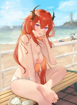 1girl absurdres arknights barefoot beach between_breasts bikini blue_sky breasts character_request cloud commentary day english_commentary feet foot_out_of_frame grey_hair hair_between_eyes hair_intakes hand_up highres holding holding_sword holding_weapon horizon horns legs licking licking_finger long_hair looking_at_viewer medium_breasts nipples o-ring o-ring_bikini o-ring_bottom ocean on_bench outdoors popsicle_stick purple_eyes red_hair runyo_(yale12312) sand seaborn_(arknights) sitting skadi_(arknights) sky soles solo_focus surtr_(arknights) swimsuit sword the_endspeaker_(arknights) toes topless_female tower unworn_bikini_top very_long_hair water weapon white_bikini