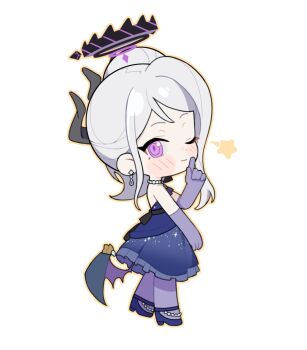 1girl ;) black_halo blue_archive blush chibi chibi_only chinese_commentary commentary demon_girl demon_horns demon_wings dress earrings elbow_gloves from_side full_body gloves halo hand_up hina_(blue_archive) hina_(dress)_(blue_archive) horns index_finger_raised jewelry liangcha_jun long_hair looking_at_viewer necklace official_alternate_costume one_eye_closed pendant purple_dress purple_eyes purple_gloves smile solo standing turning_head white_hair wings