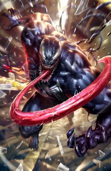 1boy broken_glass claws dcwj glass highres long_tongue looking_at_viewer marvel motion_blur multicolored_hair open_mouth sharp_teeth signature solo spider-man_(series) symbiote teeth tongue two-tone_hair venom_(marvel) very_long_tongue