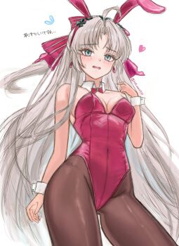 1girl animal_ears bare_shoulders black_pantyhose blush bow bowtie breasts carlotta_(wuthering_waves) cleavage commentary_request detached_collar earrings embarrassed fake_animal_ears green_eyes grey_hair groin hair_bow hairband haluuu0725 hand_up heart highres jewelry leotard long_hair loose_hair_strand medium_breasts multicolored_eyes open_mouth pantyhose pink_eyes playboy_bunny rabbit_ears red_bow red_leotard solo standing striped_bow sweatdrop very_long_hair white_background white_wrist_cuffs wrist_cuffs wuthering_waves