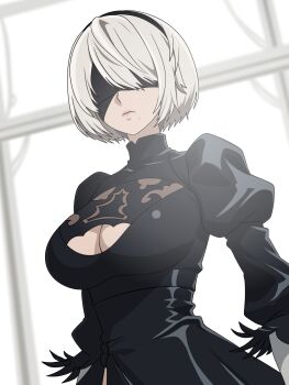 1girl 2b_(nier:automata) 6kan black_dress black_hairband blindfold breasts cleavage cleavage_cutout closed_mouth clothing_cutout dress female_focus frown hairband highres large_breasts looking_at_viewer mole mole_under_mouth nier:automata nier_(series) short_hair solo standing upper_body white_hair
