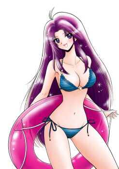 Rule 34 | 1girl, ahoge, bare arms, bikini, blue bikini, breasts, cleavage, collarbone, commentary request, cowboy shot, hazuki izuna, head tilt, holding, holding swim ring, innertube, jigoku sensei nube, long hair, looking at viewer, medium breasts, navel, official art, okano takeshi, open mouth, purple eyes, purple hair, reibaishi izuna, side-tie bikini bottom, simple background, smile, solo, standing, swim ring, swimsuit, thighs, very long hair, white background