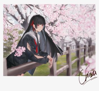 1girl absurdres against_fence arm_cutout black_hair black_jacket black_serafuku black_shirt black_skirt blush cherry_blossoms chisa_(wuthering_waves) closed_mouth clothing_cutout commentary fence fingernails from_side hair_ribbon highres jacket light_smile long_hair long_sleeves looking_at_viewer looking_to_the_side lufi_ays neckerchief outdoors red_eyes red_neckerchief red_ribbon ribbon sailor_collar school_uniform serafuku shirt skirt solo symbol-only_commentary tacet_mark_(wuthering_waves) white_sailor_collar wuthering_waves