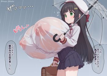 1girl bag black_hair black_skirt breasts closed_mouth covered_erect_nipples gigantic_breasts green_eyes handbag hat large_areolae large_nipples miniskirt nipples original pleated_skirt rain shirt skirt solo tagu_c0032 transparent transparent_umbrella umbrella wet wet_clothes wet_shirt white_hat white_shirt