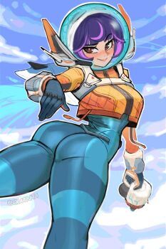 1girl 2024 arm_at_side arm_up artist_name ass backpack bag blue_bodysuit blue_sky blush bodysuit breasts ckatnha cloud cloudy_sky commentary cropped_jacket curvy day english_commentary female_focus from_behind gun headgear helmet highres holding holding_gun holding_weapon jacket juno_(overwatch) lips looking_at_viewer looking_back medium_breasts midair multicolored_hair nose_blush orange_jacket outdoors overwatch overwatch_2 purple_eyes short_hair simple_background sky smile solo space_helmet spacesuit spread_fingers standing streaked_hair thick_thighs thighs two-tone_hair weapon white_background