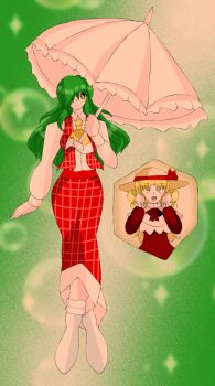 Rule 34 | 1990s (style), 2girls, absurdres, blonde hair, coat, dress, elly (touhou), glitter, gradient background, green eyes, green hair, hat, highres, kazami yuuka, kazami yuuka (pc-98), long hair, lotus land story, multiple girls, necktie, pants, red coat, red dress, red pants, retro artstyle, shirt, touhou, touhou (pc-98), umbrella, very long hair, white shirt, yellow eyes, yellow necktie, yuuna arlovskaya