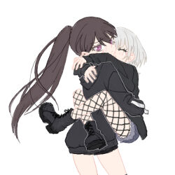 Rule 34 | 2girls, arms around neck, bang dream!, bang dream! it&#039;s mygo!!!!!, black footwear, black jacket, blush, boots, brown hair, carrying, carrying person, closed eyes, commentary, fishnet pantyhose, fishnets, hashtag-only commentary, highres, hug, jacket, kaname raana, long hair, long sleeves, medium hair, multiple girls, pantyhose, ponytail, puckered lips, purple eyes, shiina taki, simple background, tengukito, white background, white hair, yuri