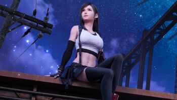 1girl 3d arm_support bare_shoulders black_gloves black_hair black_skirt black_sports_bra black_thighhighs boots breasts closed_mouth cloud cloudy_sky crop_top earrings elbow_gloves feet_out_of_frame final_fantasy final_fantasy_vii final_fantasy_vii_rebirth final_fantasy_vii_remake fingerless_gloves gloves jewelry knee_up large_breasts light_particles long_hair looking_up midriff miniskirt navel night official_art official_wallpaper outdoors red_boots red_eyes single_earring single_sidelock sitting skirt sky solo sports_bra square_enix star_(sky) starry_sky steel_beam suspender_skirt suspenders swept_bangs tank_top teardrop_earrings thighhighs tifa_lockhart utility_pole white_tank_top