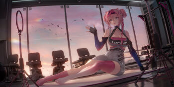 1girl arknights bad_source binggong_asylum bird braid breasts cleavage commentary_request crop_top detached_sleeves double_bun exercise_machine fingerless_gloves gloves gym hair_bun hairband halterneck highres large_breasts long_hair looking_at_viewer open_mouth pink_hair single_thighhigh sitting skirt smile solo taut_clothes teeth thighhighs twin_braids u-official_(arknights) upper_teeth_only waving weights