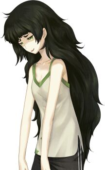 1girl armband bare_shoulders black_shorts blunt_bangs breasts cleavage collar collarbone flat_chest forced_smile game_cg green_armband green_collar green_eyes green_hair green_trim hiyajou_maho huke large_variant_set long_hair looking_ahead messy_hair narrowed_eyes non-web_source official_art open_mouth partially_shaded_face science_adventure shorts slouching solo sprite star_(symbol) star_print steins;gate steins;gate_0 striped_clothes striped_shorts tank_top transparent_background variant_set very_long_hair