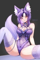 Rule 34 | 1girl, absurdres, animal ear fluff, animal ears, artist name, awful queen (vtuber), black background, breasts, fox ears, fox girl, fox tail, heterochromia, highres, indie virtual youtuber, large breasts, looking at viewer, monster girl, purple hair, rebeccagoddes, solo, tail, thighhighs, underwear