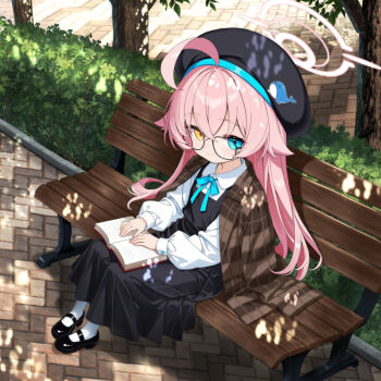 1girl ahoge alternate_costume bench beret black_dress black_hat blue_archive blue_bow bow casual dress full_body glasses halo hat heterochromia hoshino_(blue_archive) huge_ahoge jacket jacket_on_shoulders long_hair mutsuse park_bench pinafore_dress pink_hair pink_halo plaid_clothes plaid_jacket shirt sitting sleeveless sleeveless_dress smile white_shirt