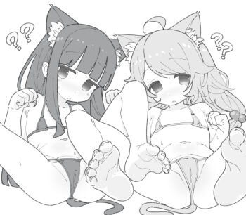 2girls ? barefoot bikini blush cameltoe cat cat_girl feet feet_up flat_chest idolmaster idolmaster_cinderella_girls loli long_hair looking_at_viewer multiple_girls navel parted_lips paw_pose sajo_yukimi soles sweat swimsuit toes yamai_(yamaichandayo) yusa_kozue