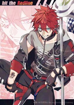 Rule 34 | 1boy, amagi rinne, arm tattoo, artist name, belt, belt buckle, black belt, black gloves, black jacket, black pants, black shoes, blue eyes, buckle, chain, collarbone, crossed bangs, detached collar, earrings, english text, ensemble stars!, facial mark, fingerless gloves, flag, gloves, grey shirt, grin, hair between eyes, highres, holding, holding flag, hood, hood down, hooded jacket, jacket, jewelry, long sleeves, looking at viewer, lunapont, male focus, multicolored shoes, off shoulder, official alternate costume, open clothes, open jacket, pants, print shirt, red belt, red hair, red ribbon, red shoes, ribbon, shirt, shoes, short hair, short sleeves, sitting, sleeve cuffs, smile, solo, t-shirt, tattoo, teeth, two-tone shoes, v-shaped eyebrows, watermark, zoom layer