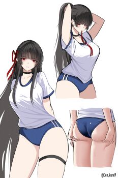 1girl absurdres alternate_costume alternate_hairstyle arms_up ass ass_support black_hair blue_buruma blush buruma chisa_(wuthering_waves) commentary den_kun69 english_commentary gym_uniform hair_ribbon highres long_hair looking_at_viewer mole mole_under_eye mouth_hold multiple_views parted_lips ponytail red_eyes red_ribbon ribbon shirt simple_background thigh_strap thighs twitter_username tying_hair very_long_hair white_background white_shirt wuthering_waves