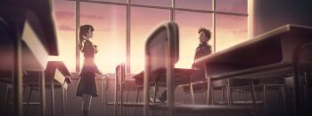 1boy 1girl aged_down blazer blue_jacket blue_sailor_collar blue_skirt blue_socks blunt_bangs bow brown_eyes brown_hair buttons chair chest_bow chuo_tanegashima_high_school_uniform classroom desk feet_on_chair fukuda_tomonori game_cg grey_jacket grey_shirt hand_on_chair highres indoors jacket kneehighs long_hair long_sleeves looking_at_another miniskirt nagafukada_mitsuhiko no_beard official_art on_desk open_collar pleated_skirt ponytail red_bow robotics;notes sailor_collar school school_chair school_desk school_uniform science_adventure senomiya_misaki senomiya_misaki_(teen) shirt shoes short_hair sitting sitting_on_table skirt sneakers socks standing sunset very_short_hair white_shirt white_shoes window winter_uniform