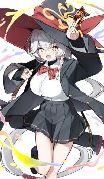 1girl absurdres black_boots black_jacket black_skirt black_socks blue_archive bolt_action boots bow braid breasts carcano card charm_(object) collared_shirt commentary_request crossed_legs eri_(blue_archive) full_body gun hair_between_eyes halo hat hat_ribbon highres holding holding_card holding_weapon jacket jewelry kneehighs large_breasts long_sleeves looking_at_viewer multiple_rings open_mouth orange_eyes pleated_skirt red_bow red_ribbon ribbon rifle ring shirt side_braid simple_background skirt smile socks solo sparkling_eyes standing standing_on_one_leg tilted_halo ujuro weapon weapon_charm white_background white_shirt witch_hat yellow_halo