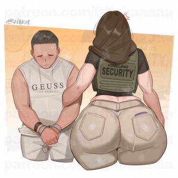 1boy 1girl absurdres anger_vein ass black_shirt brown_hair brown_pants bulletproof_vest closed_eyes clothes_writing commentary cropped_legs cuffs english_text facing_away from_behind handcuffs highres huge_ass original pants patreon_username police shirt short_sleeves side-by-side sleeveless sweatdrop symbol-only_commentary twitter_username united_states united_states_department_of_homeland_security unluckytobii