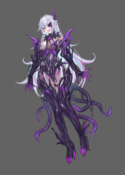 1girl absurdres bodysuit breasts claws commentary_request commission corruption elbow_gloves full_body gloves grey_background grey_hair highres horns implied_sex latex latex_bodysuit long_hair medium_breasts original purple_eyes second-party_source see-through_bodysuit see-through_clothes shen_hai_ichigo shiny_clothes single_horn solo tail tentacle_clothes tentacles thighhighs tongue tongue_out variant_set very_long_hair