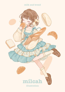 1girl absurdres artist_name baguette blue_skirt blunt_bangs bow bread brown_hair brown_shoes closed_eyes closed_mouth collarbone commentary_request croissant food frilled_socks frills full_body hair_bow hat highres holding holding_food long_sleeves milcah original shirt shoes short_hair simple_background skirt smile socks solo standing standing_on_one_leg unworn_hat unworn_headwear white_background white_hat white_socks yellow_bow yellow_shirt