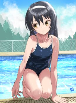 1girl absurdres black_hair blue_one-piece_swimsuit blush breasts brown_eyes closed_mouth collarbone girls_und_panzer hairband highres kainushi loli long_hair one-piece_swimsuit outdoors pool reizei_mako sky small_breasts solo swimsuit