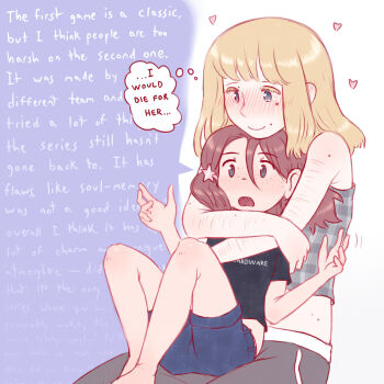 2girls age_difference amy_forest august_(amy_forest) black_pants black_shirt blonde_hair blue_eyes blue_shorts blush brown_hair commentary couple dark_souls_(series) dark_souls_ii english_commentary english_text flat_chest green_eyes hair_between_eyes highres hug hug_from_behind long_hair maggie_(amy_forest) multiple_girls nose_blush onee-loli original pants sharp_teeth shirt shorts sitting sitting_on_lap sitting_on_person speech_bubble teeth thought_bubble wall_of_text yuri