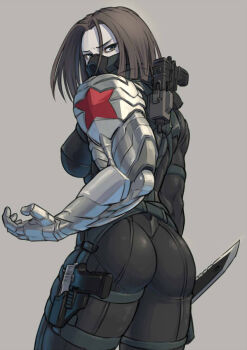 1girl animification armor ass avengers_(series) bad_id bad_pixiv_id bodysuit brown_eyes brown_hair captain_america:_the_winter_soldier captain_america_(series) captain_america_the_winter_soldier combat_knife cyborg female_focus genderswap genderswap_(mtf) grey_background gun half_mask handgun holster bucky_barnes knife looking_at_viewer looking_back marvel marvel mask mechanical_arms mikoyan mouth_mask pistol prosthesis prosthetic_arm reverse_grip short_hair single_mechanical_arm skorpion_vz._61 solo soviet star_(symbol) submachine_gun thigh_holster weapon winter_soldier