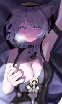 Rule 34 | 1girl, :3, absurdres, animal ear fluff, animal ears, armpits, blue eyes, bow, braid, breasts, cat ears, cat girl, choker, cipher (honkai: star rail), clothes lift, coin, grey hair, hashtag-only commentary, heavy breathing, highres, honkai: star rail, honkai (series), large breasts, leotard, lying, mole, mole on breast, mowgenn, on bed, upper body, white streaks