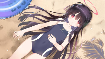 1girl :o bare_arms beach black_hair black_one-piece_swimsuit blue_archive blunt_bangs blush breasts collarbone day dutch_angle feet_out_of_frame from_above hair_over_eyes halo hand_on_own_stomach highres innertube justice_task_force_member_(blue_archive) loli long_hair looking_at_viewer lying new_school_swimsuit on_back one-piece_swimsuit outdoors parted_lips red_eyes red_halo santa_matsuri school_swimsuit small_breasts solo swim_ring swimsuit trinity_general_school_logo unusually_open_eyes very_long_hair