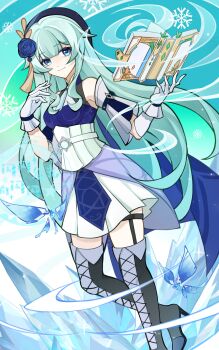1girl absurdres beret blue_eyes blue_hair book boots closed_mouth dress floating floating_object flower full_body genius_invokation_tcg_(style) gloves grey_hair hair_flower hair_ornament hat highres ice long_hair looking_at_viewer mushanshan original smile snowflakes solo thigh_boots thighhighs watermark white_gloves