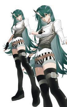 Rule 34 | 1girl, absurdres, arknights, belt, black boots, black gloves, boots, breasts, brown vest, chinese commentary, commentary request, fingerless gloves, full body, gloves, green hair, hair between eyes, highres, horns, hoshiguma (arknights), long hair, looking at viewer, medium breasts, multiple views, shirt, shorts, single horn, skin-covered horns, standing, striped clothes, striped shorts, thigh boots, vertical-striped clothes, vertical-striped shorts, vest, white background, white shirt, wushui zhan nao geng, yellow eyes, zoom layer