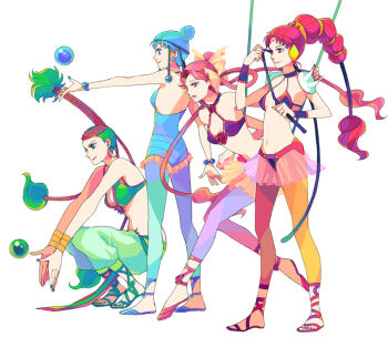 1990s_(style) 4girls armor ball bikini bindi bishoujo_senshi_sailor_moon bishoujo_senshi_sailor_moon_supers blue_eyes blue_hair blue_legwear bow cerecere_(sailor_moon) chara_rira choker earrings flower full_body green_eyes green_hair hair_bun hair_ribbon hair_rings high_ponytail jewelry junjun_(sailor_moon) leggings leotard long_hair midriff multi-tied_hair multiple_girls orange_legwear pallapalla_(sailor_moon) pants pantyhose pauldrons pink_eyes pink_hair pink_legwear ponytail red_eyes red_flower red_hair red_legwear red_rose retro_artstyle ribbon rose sandals see-through_clothes short_hair shoulder_armor simple_background single_hair_bun skirt smile spikes squatting swimsuit vesves_(sailor_moon) whip white_background wrist_cuffs yellow_bow yellow_legwear yellow_wrist_cuffs