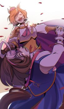 2girls ahoge animal_ears armor bag between_breasts blue_dress breasts brown_hair cape closed_eyes crown dancing double-parted_bangs dress gloves gold_corset hair_between_eyes hairband headband highres holding_hands horse_ears horse_girl horse_tail jewelry large_breasts long_sleeves meisho_doto_(turbulent_blue)_(umamusume) meisho_doto_(umamusume) michanpc mini_crown multicolored_hair multiple_girls multiple_rings open_mouth orange_hair petals pink_cape pink_crown pink_hairband pink_headband purple_eyes ring shirt short_hair shoulder_armor shoulder_bag smile strap_between_breasts t.m._opera_o_(o_sole_suo!)_(umamusume) t.m._opera_o_(umamusume) tail teeth two-tone_hair umamusume white_gloves white_hair white_shirt yuri