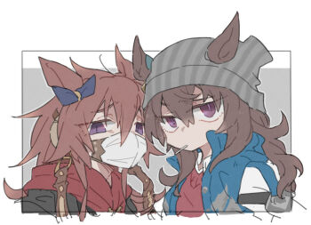 Rule 34 | 2girls, animal ears, beanie, beer hsk, black jacket, blue jacket, brown hair, commentary request, cropped torso, ears through headwear, grey background, grey hat, hair between eyes, hat, horse ears, jacket, long hair, mask, mouth hold, mouth mask, multiple girls, nakayama festa (umamusume), orfevre (old design) (umamusume), purple eyes, red jacket, red shirt, shirt, striped clothes, striped headwear, two-tone background, umamusume, upper body, v-shaped eyebrows, vertical-striped clothes, vertical-striped headwear, white background