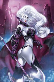1girl ass axe battle_axe black_boots black_cape black_garter_straps blank_eyes boots breasts cape cleavage colored_skin curvy elias_chatzoudis garter_straps gauntlets highres holding holding_axe lady_death lady_death_(character) large_breasts long_hair looking_at_viewer purple_cape red_lips revealing_clothes solo thigh_boots thong two-sided_cape two-sided_fabric weapon white_hair white_skin wide_hips
