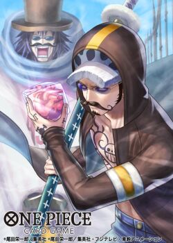 2boys black_coat black_hair caesar_clown chest_tattoo coat commentary_request copyright_name fake_facial_hair fake_mustache hand_tattoo haru_(toyst) hat holding holding_sword holding_weapon hood hooded_coat long_hair male_focus multiple_boys official_art one_piece one_piece_card_game sideburns sunglasses sword tattoo trafalgar_law weapon