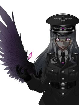 1girl belt black_belt black_coat black_gloves black_necktie black_wings coat commentary cowboy_shot dress_shirt epaulettes facing_viewer feathered_wings flugel_soutou_kakka gem gloves grin hair_between_eyes hat highres long_sidelocks looking_ahead medium_hair military_hat military_uniform necktie original outstretched_arm pink_gem purple_eyes reichsadler shirt sidelocks single_wing smile solo white_background white_hair white_shirt wings