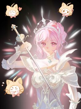 Rule 34 | 1girl, absurdres, animal, armor, backlighting, bare shoulders, black background, breastplate, cat, chinese commentary, closed mouth, clothed animal, clothing cutout, collar, collarbone, commentary request, detached collar, dress, earrings, eyelashes, frilled arm warmers, hair bun, head only, high collar, highres, holding, holding sword, holding weapon, infinity nikki, jewelry, lace collar, light blush, lips, melody bloom (infinity nikki), momo (nikki), nikki (nikki), nikki (series), pink eyes, pink hair, rapier, see-through collar, short hair, short hair with long locks, short sleeves, shoulder cutout, shuiguo wushi, sidelocks, single hair bun, smile, solo, sword, tiara, updo, upper body, variant set, wavy hair, weapon, white arm warmers, white cat, white collar, white dress