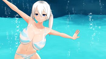 1girl 3d absurdres aqua_background bikini blue_eyes breasts bubble cowboy_shot highres large_breasts long_hair nanatakanashi navel original outstretched_arms seafloor sidelocks smile solo striped_bikini striped_clothes swimsuit twintails underwater white_hair