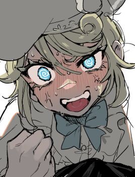 1boy @_@ androgynous anger_vein angry backlighting beret blonde_hair blue_bow blue_bowtie blue_eyes blush bow bowtie clenched_hand commentary edgar_valden edgar_valden_(golden_ratio) eyelashes furrowed_brow glowing glowing_eyes half-closed_eye hat highres identity_v looking_at_viewer male_focus official_alternate_costume open_mouth shirt shouting sidelocks solo striped_blush sweat symbol-only_commentary toyanhoho white_hat white_shirt