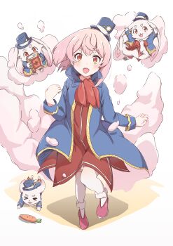 Rule 34 | absurdres, bad id, bad pixiv id, blush, book, carrot, emul (shangri-la frontier), hat, hidaka rina, highres, holding, holding book, kaai yuu, open mouth, pink shoes, rabbit, red eyes, shangri-la frontier, shoes, short hair, smile, smoke, thighhighs, top hat, white thighhighs