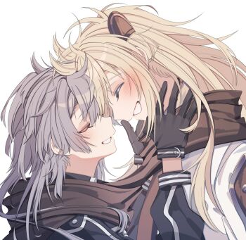 2girls black_necktie blonde_hair blush breasts brown_necktie closed_eyes collared_dress commentary_request dress duel_monster emptyayya gloves grey_hair highres long_hair multiple_girls necktie scarf shared_clothes shared_scarf simple_background sky_striker_ace_-_raye sky_striker_ace_-_roze smile twintails two-tone_dress white_background yu-gi-oh! yuri