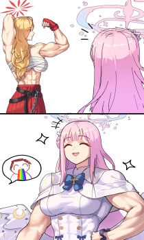 2girls abs absurdres akemi_(blue_archive) alternate_muscle_size angel_wings biceps blonde_hair blue_archive breasts capelet chest_sarashi commentary crossed_belts delinquent feathered_wings flexing fluffy_hair gloves gradient_halo hair_bun halo highres ksksksa low_wings mika_(blue_archive) multicolored_halo multiple_girls muscle_awe muscular muscular_female obliques pink_hair pink_halo rainbow red_gloves red_halo sarashi scrunchie single_side_bun sparkle sukeban symbol-only_commentary vomiting_rainbows white_capelet white_wings wings wrist_scrunchie