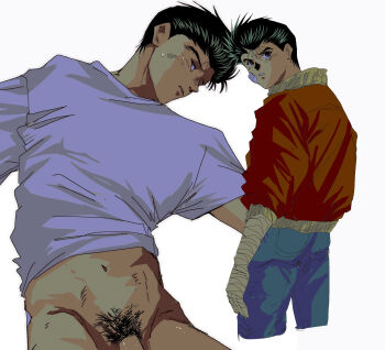 1boy bandage_on_face bandages clothes_lift hiei4455 jacket looking_back male_focus pants pubic_hair shirt shirt_lift solo urameshi_yuusuke white_background yuu_yuu_hakusho