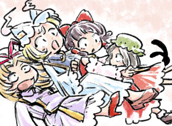 Rule 34 | 4girls, animal ears, blonde hair, blue tabard, blush stickers, bow, brown hair, brown shoes, cat ears, cat girl, chen, commentary, detached sleeves, dress, english commentary, falling, fox ears, fox girl, frilled dress, frilled skirt, frills, green hat, hair bow, hair tubes, hakurei reimu, hat, hat ribbon, jumping, long dress, long hair, long sleeves, medium hair, mob cap, multiple girls, multiple tails, open mouth, purple tabard, red bow, red ribbon, red shirt, red shoes, red skirt, red vest, ribbon, ribbon-trimmed sleeves, ribbon trim, shirt, shoes, skirt, socks, tabard, tail, tataragawa daini, touhou, two tails, vest, white dress, white hat, white sleeves, white socks, wide sleeves, yakumo ran, yakumo yukari