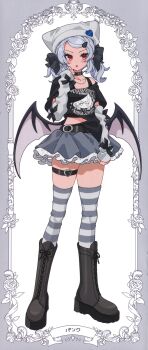 1girl :p absurdres alternate_costume alternate_hairstyle bat_wings belt black_belt black_bow black_shirt black_tank_top boots border bow brown_boots chain chain_necklace character_print clothes_writing collar collarbone floral_border flower frilled_skirt frills full_body gotoh_(nekocat) grey_arm_warmers grey_border grey_hat grey_thighhighs hair_bow hat hat_ornament heart heart_hat_ornament highres jewelry lace-up_boots looking_at_viewer low_wings medium_hair miniskirt nail_polish navel necklace punk red_eyes remilia_scarlet rose scan shirt single_bare_shoulder single_off_shoulder skirt solo spiked_collar spikes standing striped_clothes striped_thighhighs tank_top thigh_strap thighhighs third-party_source tongue tongue_out torn_clothes torn_shirt touhou twintails v-shaped_eyebrows white_background wings