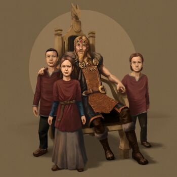 1girl 3boys absurdres balgruuf_the_greater beard black_pants blonde_hair boots brother_and_sister brothers brown_background brown_boots brown_hair dagny_(the_elder_scrolls) facial_hair father_and_daughter father_and_son frothar grey_skirt highres multiple_boys nelkir official_art pants red_shirt shirt short_hair siblings sitting skirt the_elder_scrolls the_elder_scrolls_v:_skyrim throne