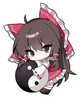 1girl ahoge black_shoes bow brown_eyes brown_hair chibi chibi_only closed_mouth commentary detached_sleeves dot_mouth expressionless frilled_bow frilled_skirt frills full_body hair_bow hakurei_reimu highres leaning_on_object long_hair looking_at_viewer no_nose orb pudding_(skymint_028) red_bow red_skirt ribbon-trimmed_sleeves ribbon_trim shoes sidelocks simple_background skirt socks solo symbol-only_commentary touhou white_background white_sleeves white_socks yin_yang yin_yang_orb